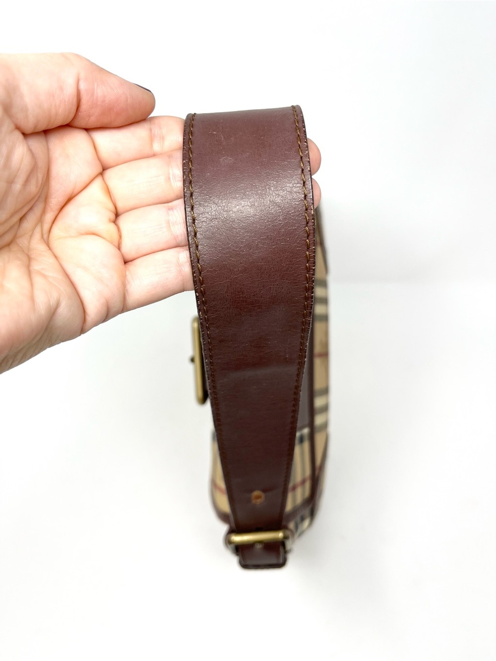 Vintage Vtg Burberry Y2K Haymarket Check Mini Shoulder Bag Beige Brown Leather - Picture 7 of 14